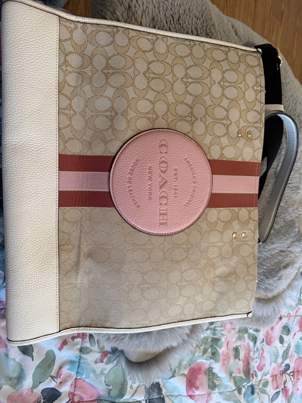 Coach Beige Signature Tote with Pink Stripe and Round Pink Logo